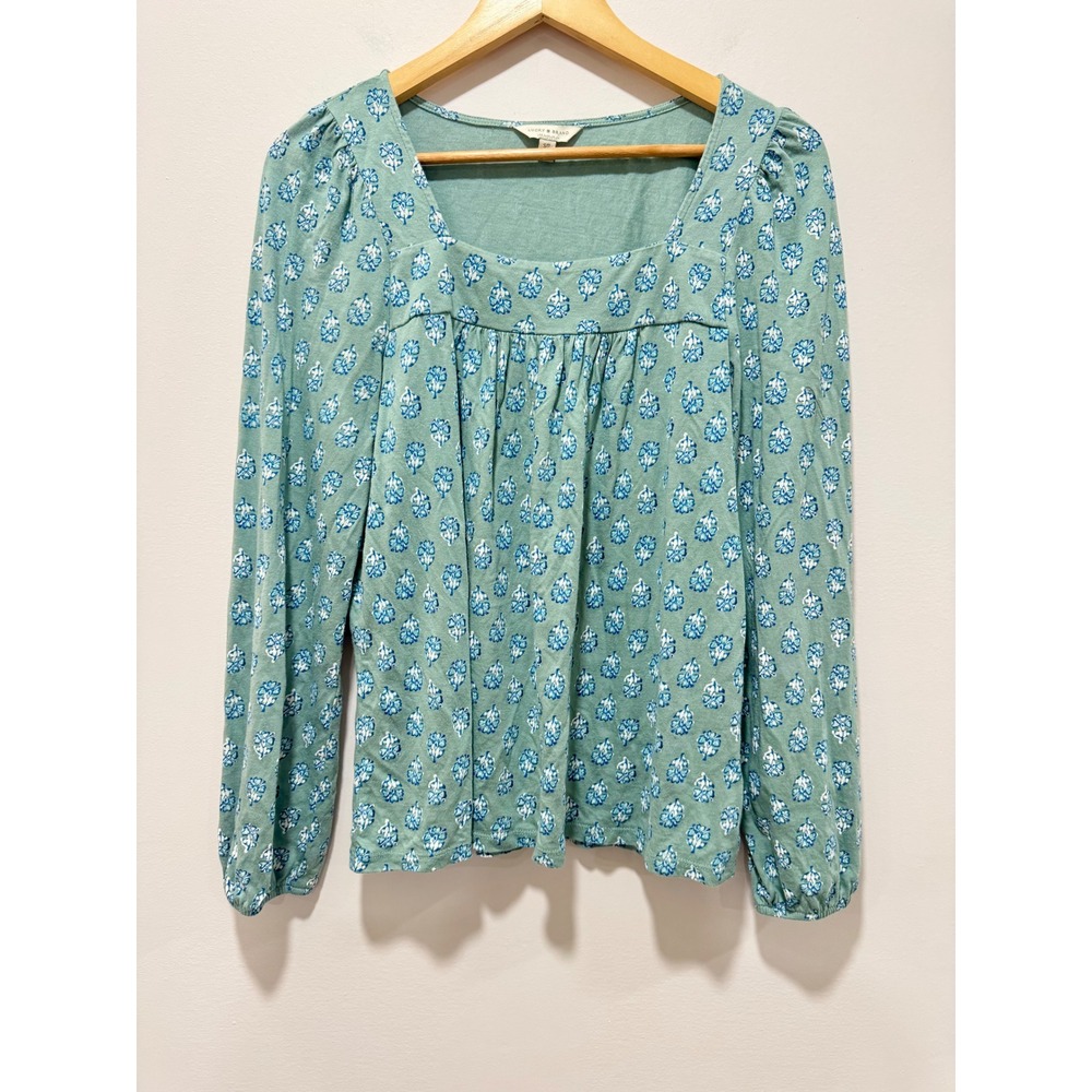 Lucky Brand Green Floral Square Neck Long Sleeve Top Small